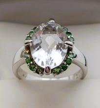 Sterling Silver White & Green Gemstone Ladies Ring - size 9