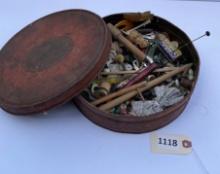 Antique Tin with Contents, Buttons, Spools