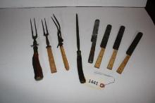 Meat forks, sharpening stone, butter knives
