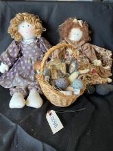 Pair Cloth Dolls and Basket with toys