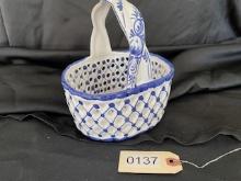 Handpainted Porcelain Basket, Blue and White