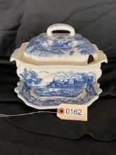 Vintage Cobalt Blue & White Chinoiserie Floral Tureen Serving Dish with Lid and Handles