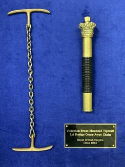 ANTIQUE VICTORIAL BRITISH EMPIRE BRASS TIPSTAFF AND COME AWAY CHAIN CASED 1860'S