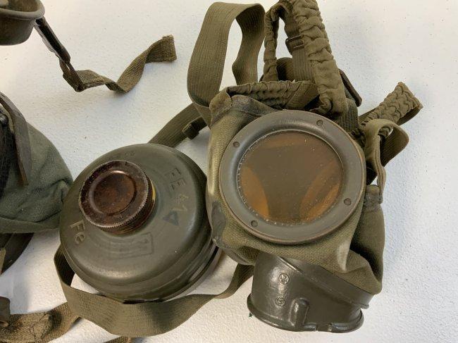 WWII GERMAN GAS MASK AND FILTER WITH CANISTER AND GAS CAPE BAG STRAPPED