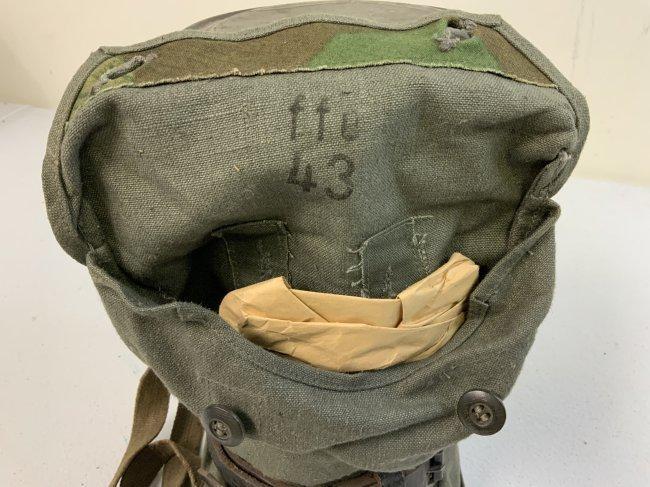 WWII GERMAN GAS MASK AND FILTER WITH CANISTER AND GAS CAPE BAG STRAPPED