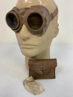 WWII GERMAN MILITARY LEATHER GOGGLES IN ORIGINAL CARRY CASE AND PAPERS