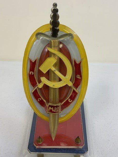 USSR DISTINQUISHED MVD WORKER DESK ORNAMENT WITH BOOK BY R. PANDIS
