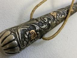 VINTAGE ARGENTINIAN SILVER AND GOLD HANDLED GAUCHO RIDING WHIP REBENQUE