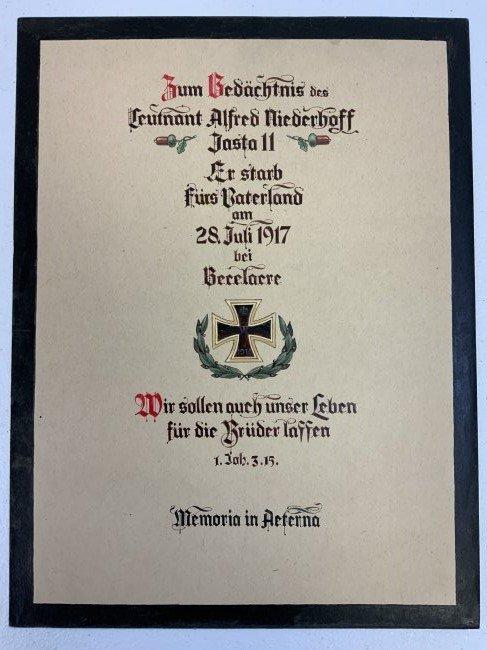 WWI IMPERIAL GERMANY LT. ALFRED NIEDERHOFF PILOT MEMORIAL KILLED IN ACTION DOCUMMENT