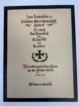 WWI IMPERIAL GERMANY LT. ALFRED NIEDERHOFF PILOT MEMORIAL KILLED IN ACTION DOCUMMENT