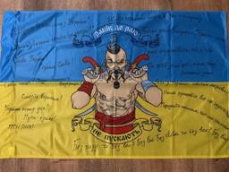 UKRAINIAN MILITARY WAR MORALE FLAG SIGNED WITH PATRIOTIC WAR SLOGANS