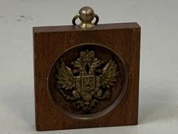 IMPERIAL RUSSIA BRASS HAT EAGLE MOUNTED IN WOODEN FRAME