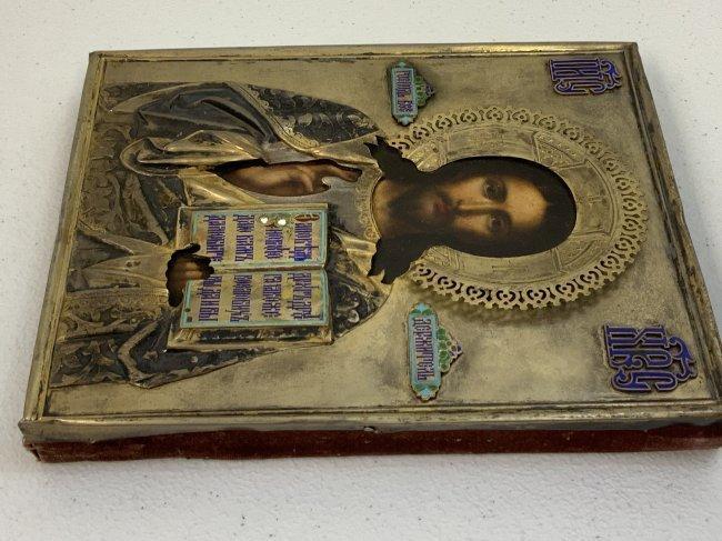 ANTIQUE IMPERIAL RUSSIAN ICON CHRIST PANTOCRATOR SILVER GILT ENAMELS