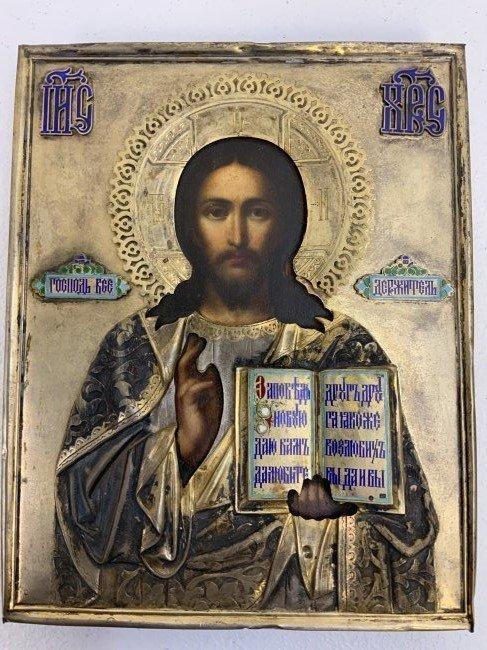 ANTIQUE IMPERIAL RUSSIAN ICON CHRIST PANTOCRATOR SILVER GILT ENAMELS