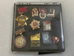 USSR COLLECTION OF BADGES AND PINS IN CASE