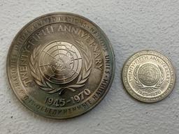 1970 25th ANNIVERSARY OF THE UNITED NATIONS SET OF 2 SILVER MEDALS