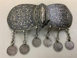 IMPERIAL RUSSIAN CAUCASIAN MADE SILVER NIELLO BUCKLE WITH SILVER COINS