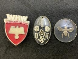 NAZI GERMANY LOT OF 3 GLASS AND PLASTIC PINS BADGES PENDANTS