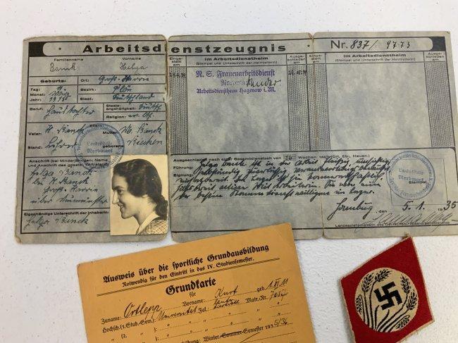 NAZI GERMANY RAD FEMALE ID DOCUMENTS AND PATCH