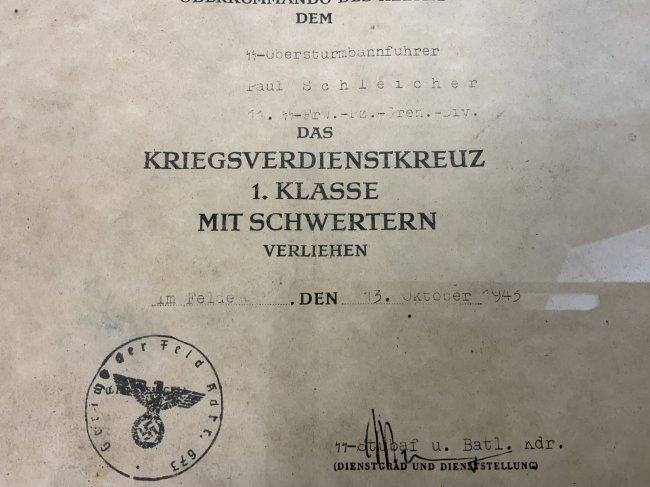 WWII GERMAN FRAMED AWARD DOCUMENT TO A SS OFFICER OF 11th SS Panzergrenadier Division Nordland