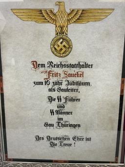 NAZI GERMAN FRAMED DOCUMENT TO A GAULEITER AND SS GENERAL FRITZ SAUCKEL FROM SS OF THURINGEN