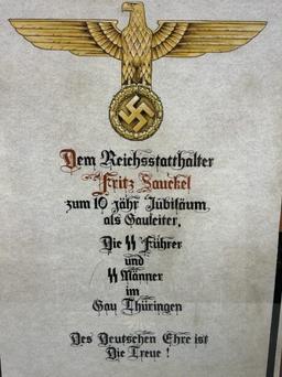 NAZI GERMAN FRAMED DOCUMENT TO A GAULEITER AND SS GENERAL FRITZ SAUCKEL FROM SS OF THURINGEN