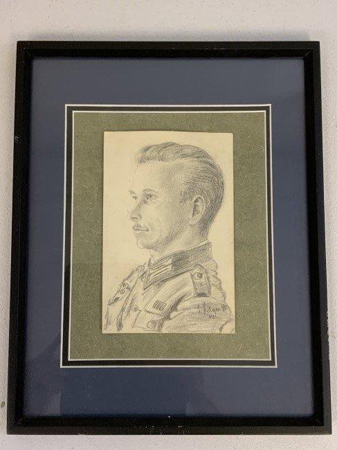 WWII GERMAN FRAMED PENCIL DRAWING OF A SOLDIER SIGNED AND DATED 1942