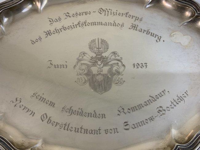 THIRD REICH GERMANY LARGE SILVER DEDICATION PLATE TO A GERMAN OFFICER 1937 DATED