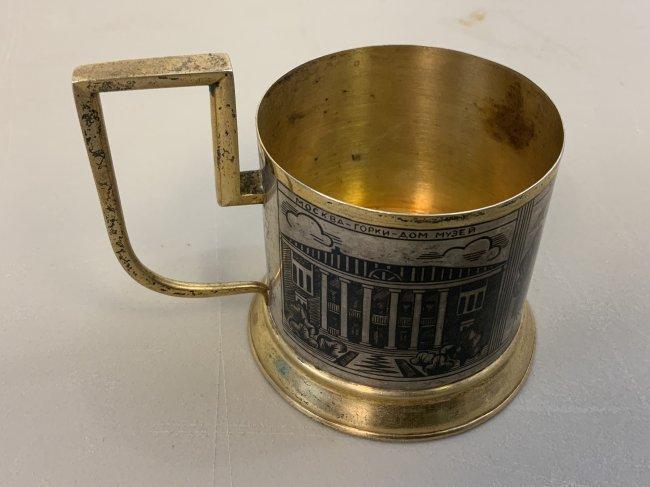 VINTAGE USSR SILVER AND GOLD TEA GLASS HOLDER PODSTAKANIK