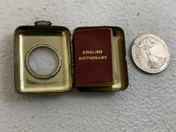 ANTIQUE MINIATURE BOOK ENGLISH DICTIONARY ENCASED IN CASE WITH MAGNIFYING GLASS