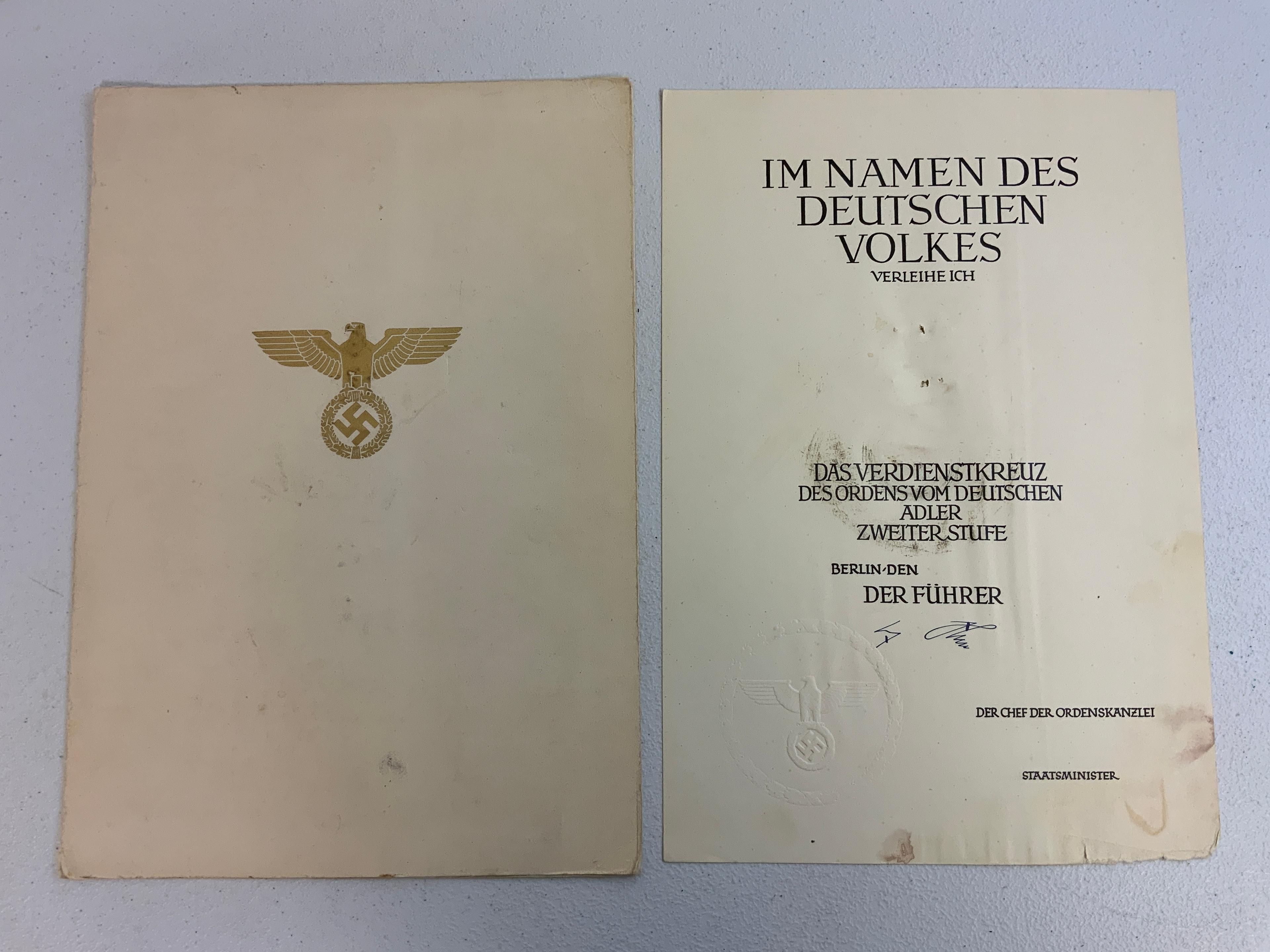 THIRD REICH GERMAN 2ND CLASS EAGLE ORDER DOCUMENT AND SLEEVE