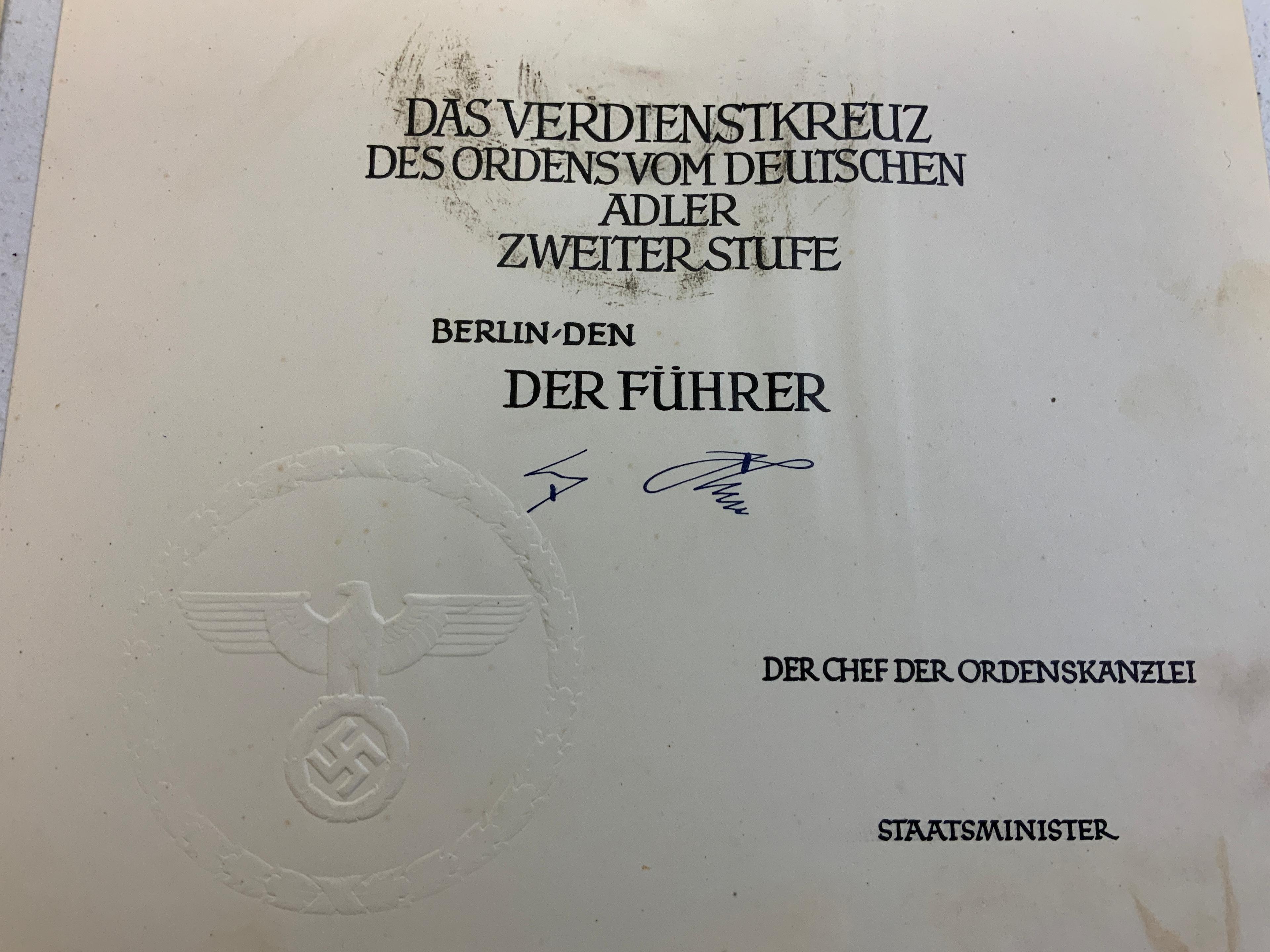 THIRD REICH GERMAN 2ND CLASS EAGLE ORDER DOCUMENT AND SLEEVE