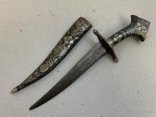 ANTIQUE ROSEBUD DAMASCUS BLADE WITH CREST SILVER INLAY PERSIAN DAGGER