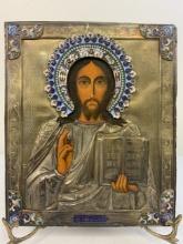 ANTIQUE IMPERIAL RUSSIAN ICON CHRIST PANTOCRATOR SILVER AND ENAMELS