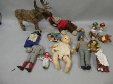 Lot Assorted Dolls & Plush Animals Folk Art Moose Curious George etc