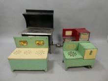 Lot 4 Antique Child's Dolls Metal Play Stoves Ovens