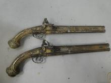 Pair Antique Turkish Ottoman Mixed Metal Inlay Wood Steel & Brass Flintlock Pistols