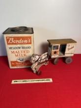 Bordens Wood Milk Wagon Pull Toy & Bordens 25 Lb Malted Milk Tin