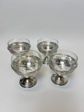4 Sterling Fruit Cocktail Cups w/etched glass