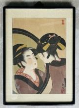 Utamaro Kitagawa Naniwa Okita & Mirror Woodblock