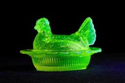 Antique Uranium Vaseline Glass Hen by Mosser