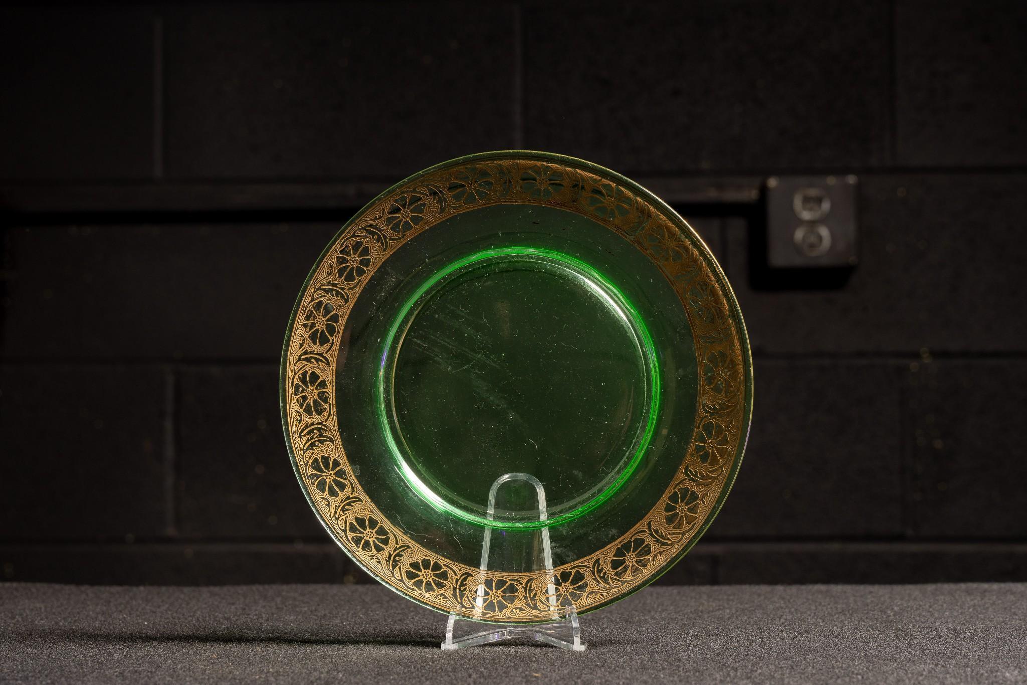 Uranium Glass Sandwich Plate with Gold Leaf Floral Detail