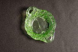 Uranium Glass Floral Pear Bowl with Handles