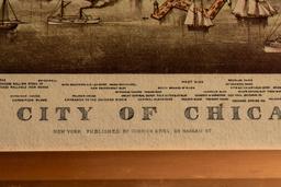 1892 Currier & Ives City of Chicago Map, Modern Print, Framed