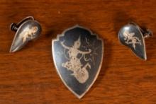 Thai Decorative Shield Sterling Brooch with Matching Earrings