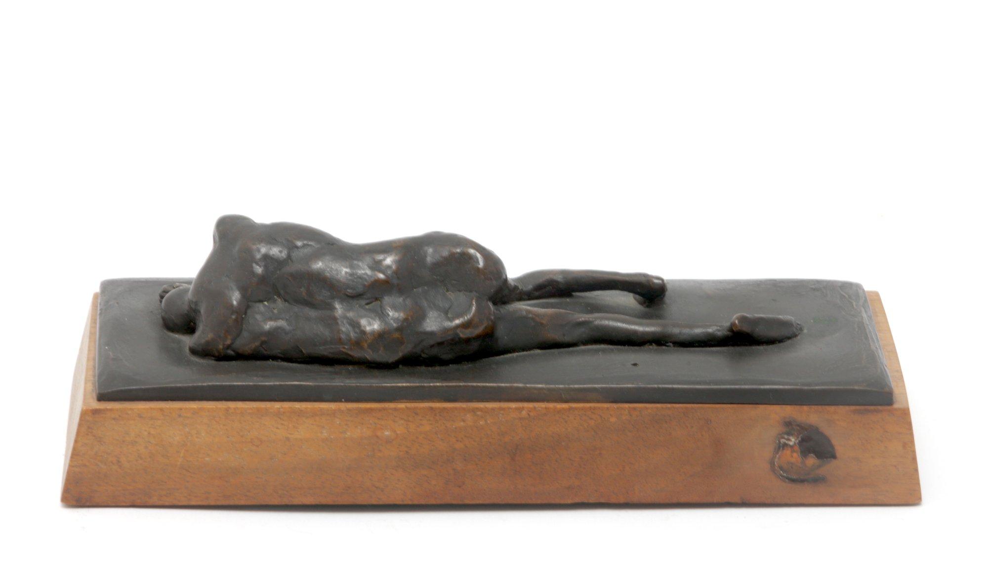 Bronze Sculpture Of Prone Man Mounted On Wood Base