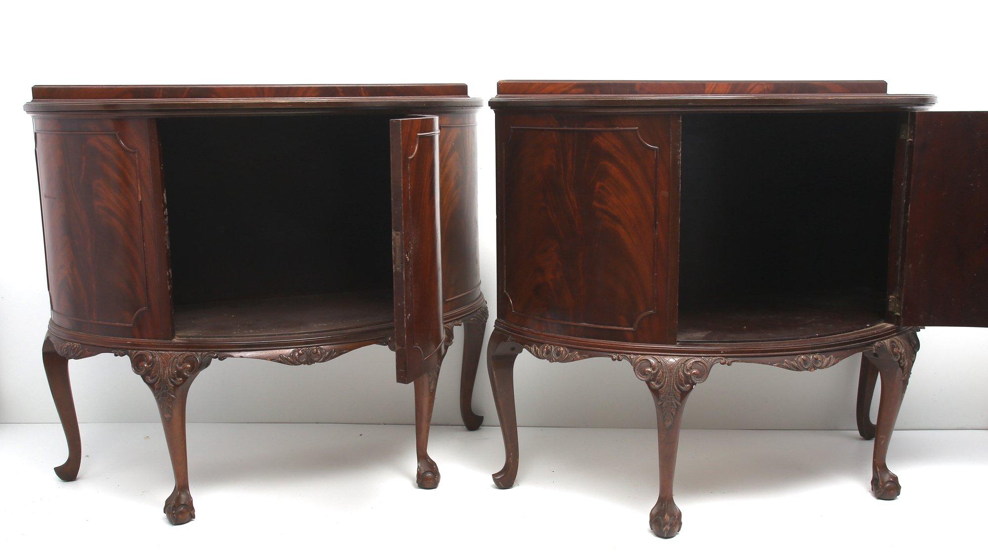 Antique Flamed Hardwood Claw  Ball Foot Demi Lune Sideboards- A Pair