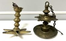 Two Bronze Hanging Oil Lamps
