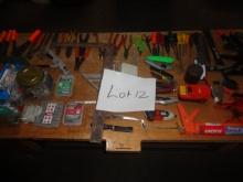 LOT: DESK AND TOOLS. CLAMPS, POWER STRIPS, HAND TOOLS, BOX KNIVES AND MISC.