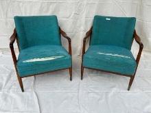 Pair of Walnut Mid Century Modern Upholstered Arm Chairs